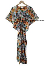 Indian Jungle Print White Cotton Loose Short Sleeve Free Size Gypsy Caftan Dress