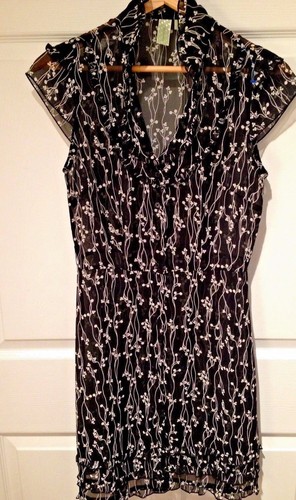 Johnny Martin Dress Party Shirt-Waist Black White Floral Ruffled Hem Junior 5 - Picture 2 of 6