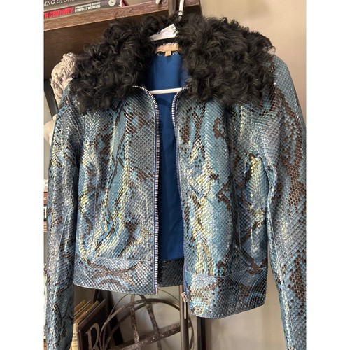 Michael Kors Collection 100% Lamb Leather Python Embossed Biker Jacket Size 2 - Picture 6 of 12