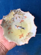 Antique ROSE FAMILLE CHINESE Rose Bowl Scalloped Clam Shell GOLD & BIRD ❤️sj3j