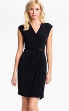 Michael Kors Dress Women XS Black Ruched Pleated Faux Wrap V Neck Sheath Z