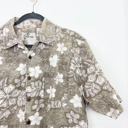 Point Zero Mens Vintage Tan Floral Hawaiian Short Sleeve Button Down Size Large - Picture 2 of 5