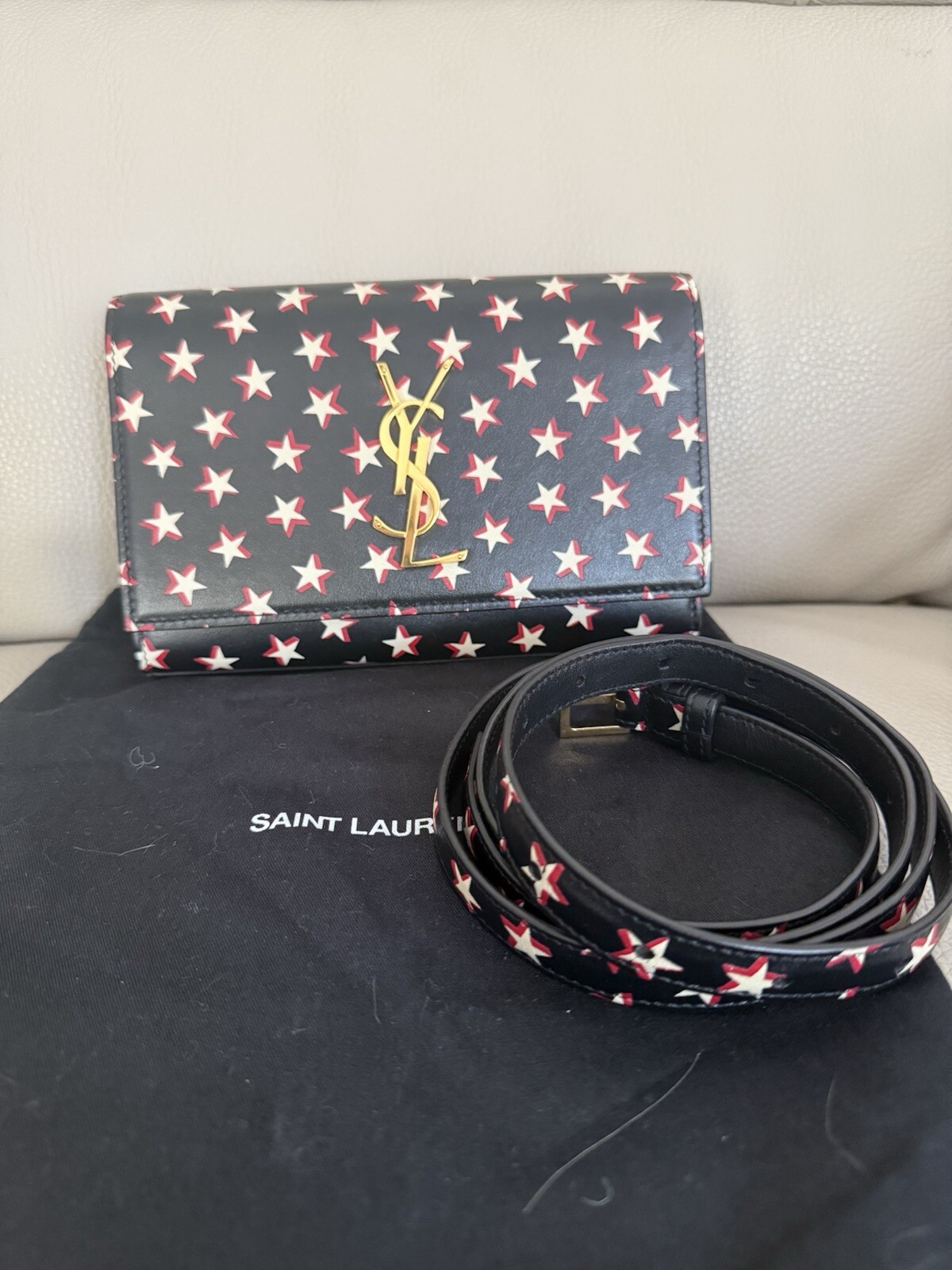 Autentica borsa cintura YSL SAINT LAURENT marsupio in vita nero rosso stelle Cassandra
