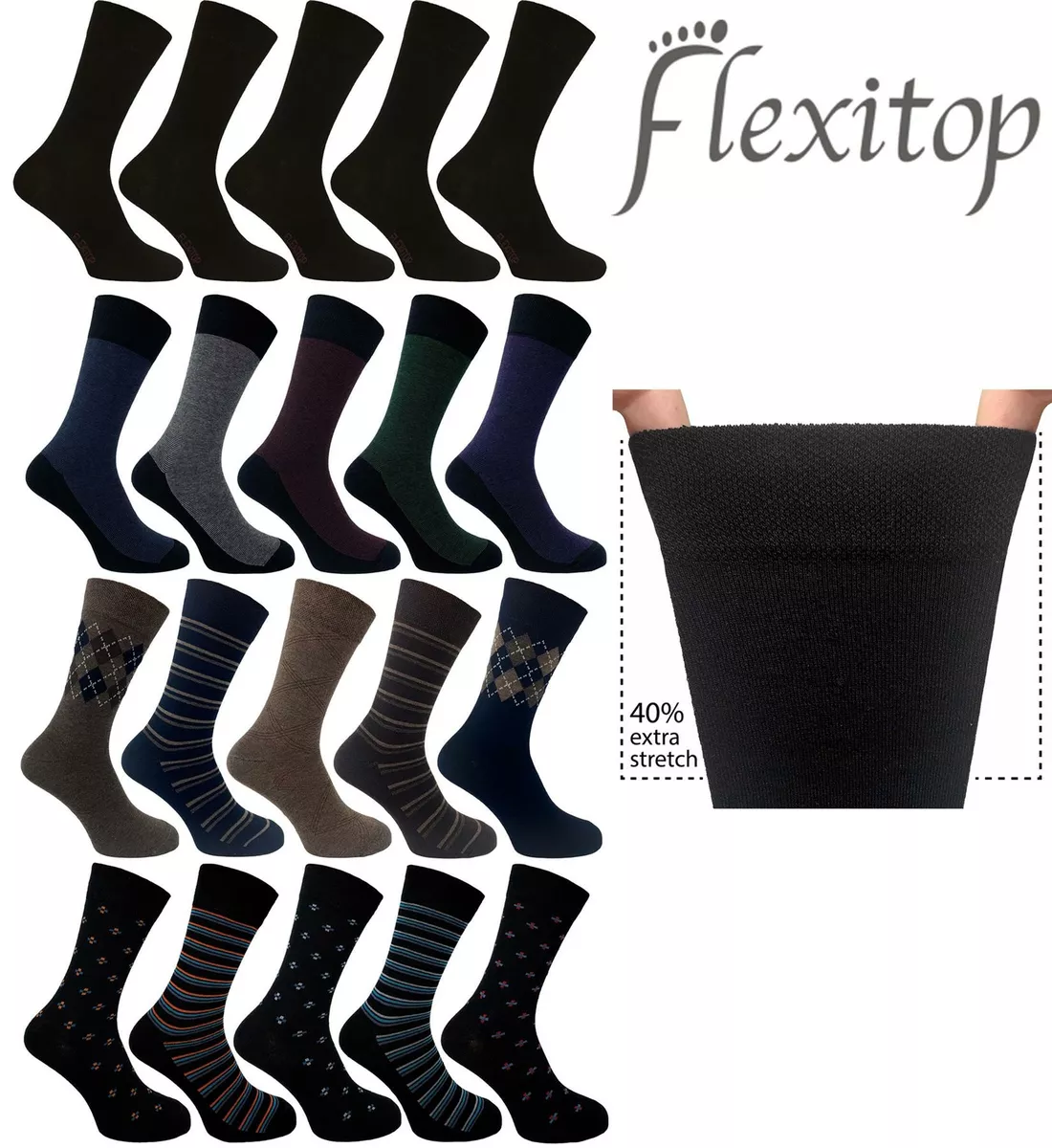 Flexitop Loose Top Socks Cotton Rich Soft Hold Non Elastic Diabetic Sock 5  PACK