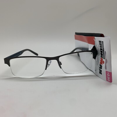 E196 Foster Grant IRONMAN IM1001 GUN 2.50 Gunmetal Reading Glasses Half-Rim Blue