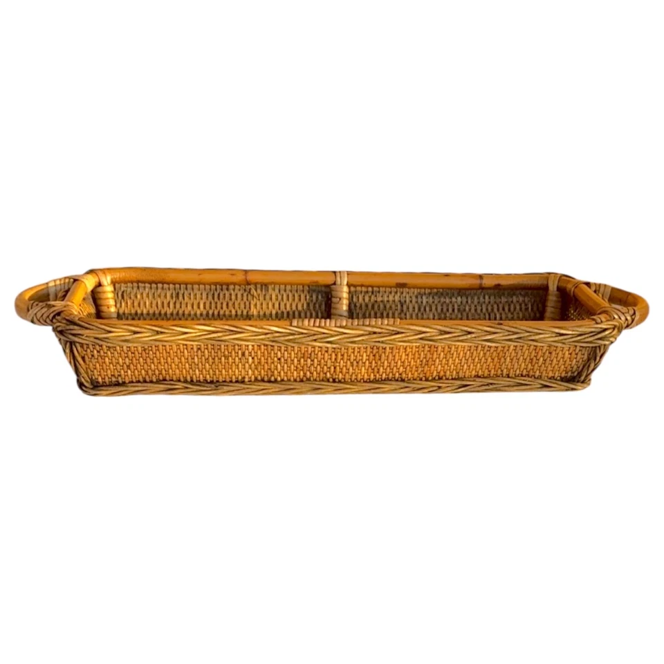 Large Sturdy Vintage Handcrafted Rattan Bamboo Basket Tray 23” Rustic Farmhouse  - Image 2 of 4