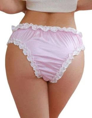 Satin Frilly Ruffle Briefs Pink Bow Detail Sissy Knickers polka dot size 12-14 L - Image 1 of 4