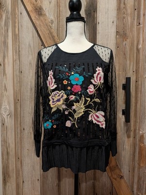 Desigual Women's Floral Embroidered Top Sheer Sleeves Black XL Sequins Artsy