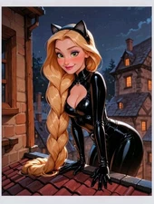 Fan Art princess Art Card aceo 2.5x3.5" beauty Rapunzel as Catwoman Leather 