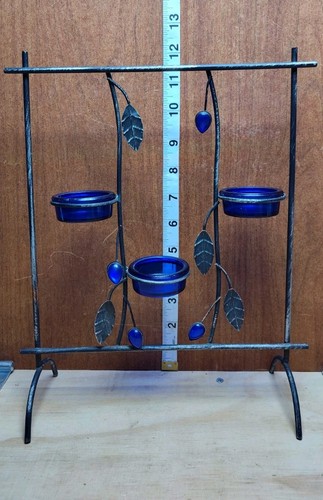 Vintage Royal Blue 3 PCS Tea Light Candle Holder Vine 11" Tall RARE - Picture 2 of 10