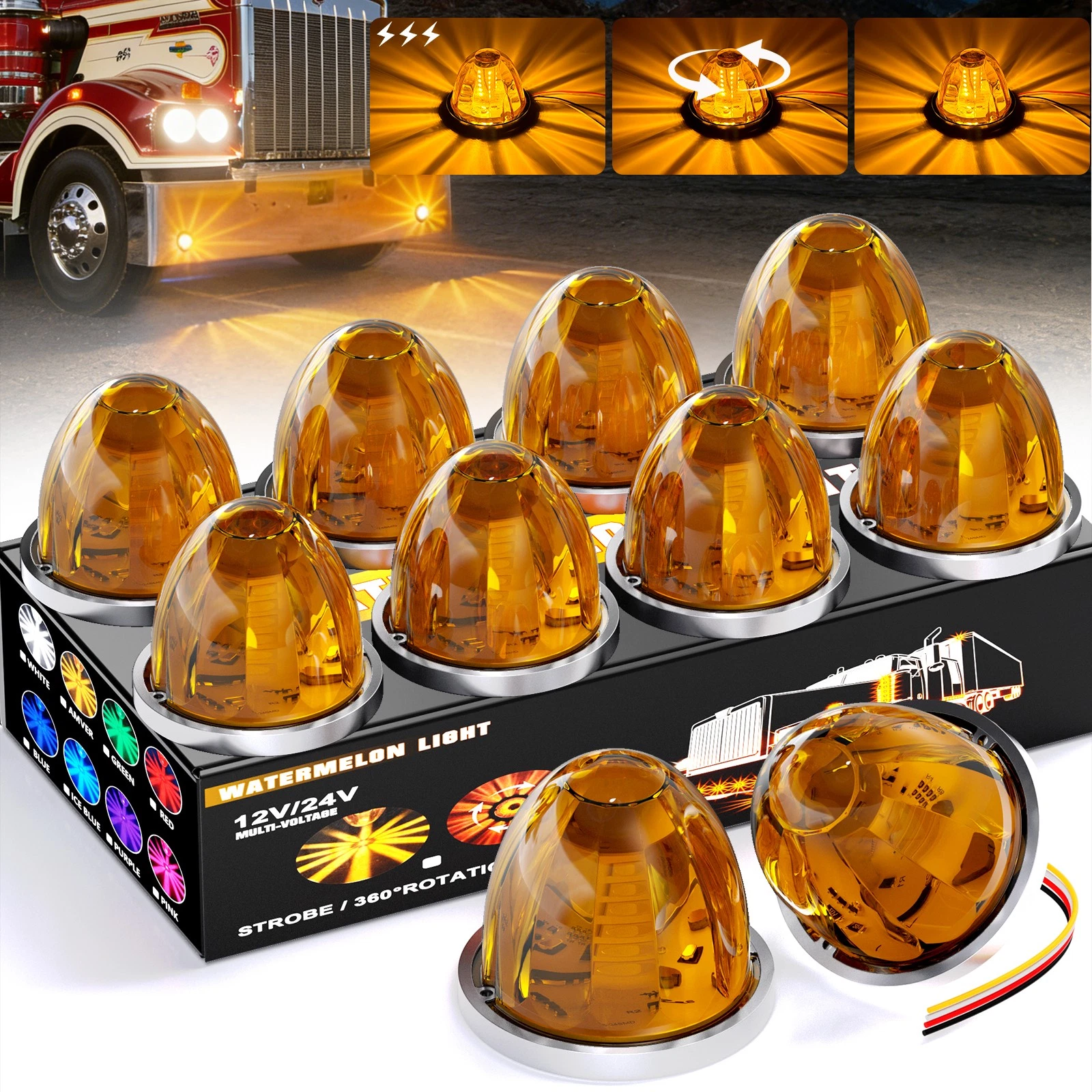10pcs Amber LED Watermelon Lights 3-Mode 12-24V Truck Trailer Side Marker Light