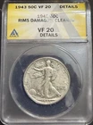1943-S 50C Walking Liberty Half Dollar. Rims Damaged, Cleaned. VF 20 Grade