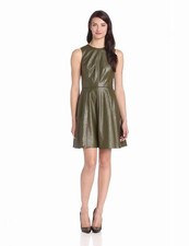 VINCE CAMUTO Olive Faux Leather Sleeveless Fit and Flare Dress (Sz-6)  NWT $148