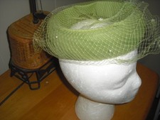 VINTAGE MOSS GREEN PILLBOX HAT, WITH VEIL THAT HAS PEARLS.