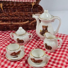 Vintage Miniature Tea Set In Wicker Picnic Basket Teddy Bear Porcelain