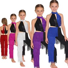 Girls Latin Dance Disco Bodysuit Shiny Sequin Tassel Color Block Halter Cutout