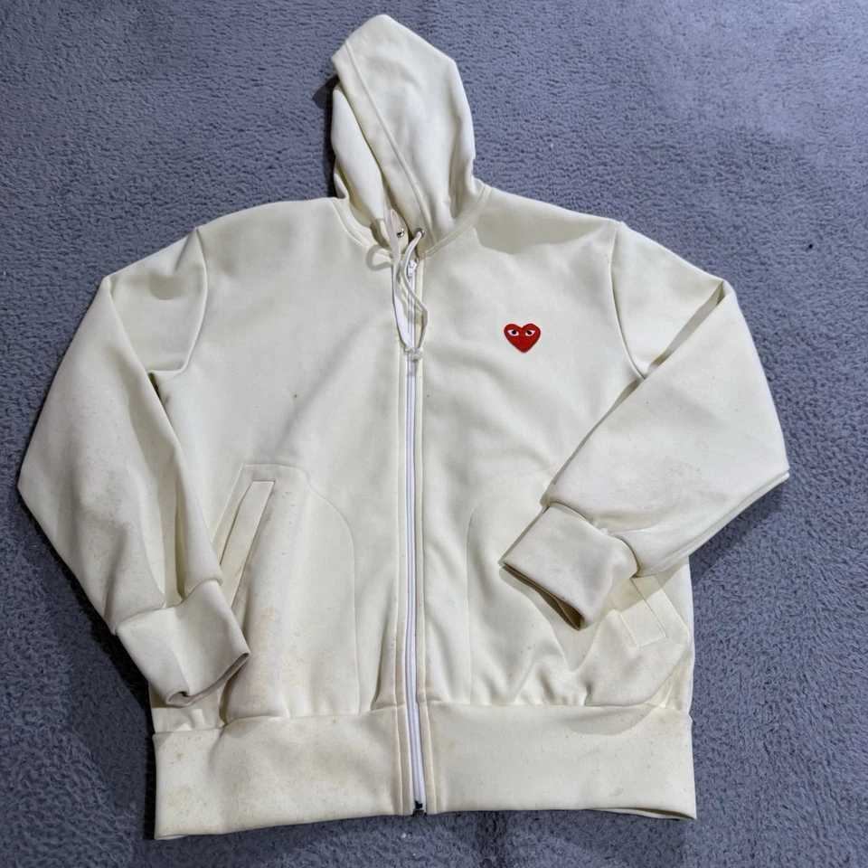 Comme Des Garçons Play Hoodie Mens Medium Ivory Full Zip Red Heart Sweatshirt - Image 2 of 4