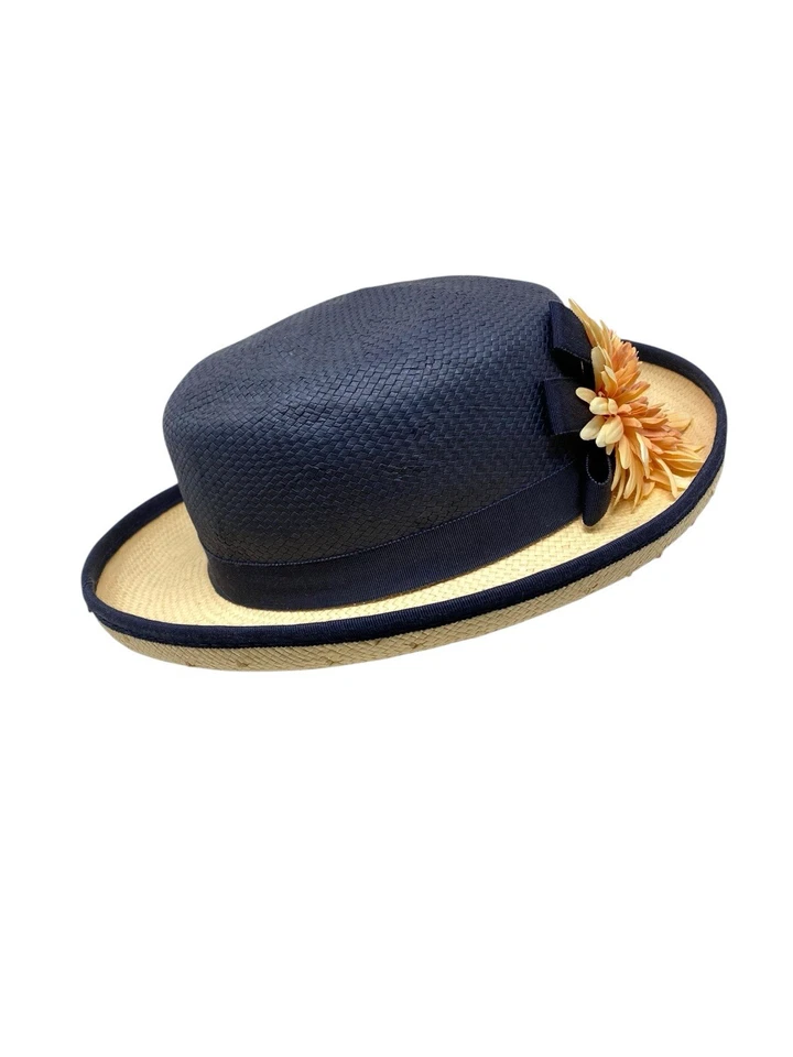 Sombrero de paja girasol clásico vintage TOP THIS INC para mujer años 90 azul marino y arena Foto 2 de 4