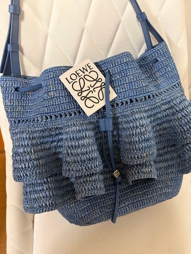 LOEWE Raffia Bucket Bag Shoulder Bag Blue Anagram