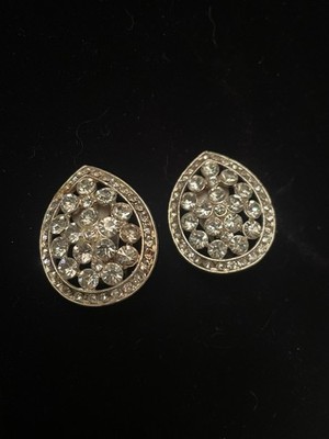 Silver Tone Crystal Teardrop Vtg Runway Clip Earrings Wedding Formal