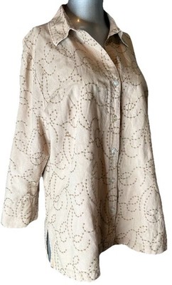 Croft & Barrow Linen Cotton Blouse XL Beige Embroidered Tan Front Relaxed Fit