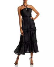 AQUA Strappy Ruched Midi Dress Black Size Medium Elegant Evening Cocktail Party