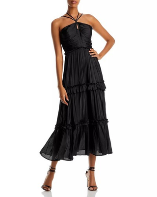 #ad AQUA Strappy Ruched Midi Dress Black Size Medium Elegant Evening Cocktail Party $89.97