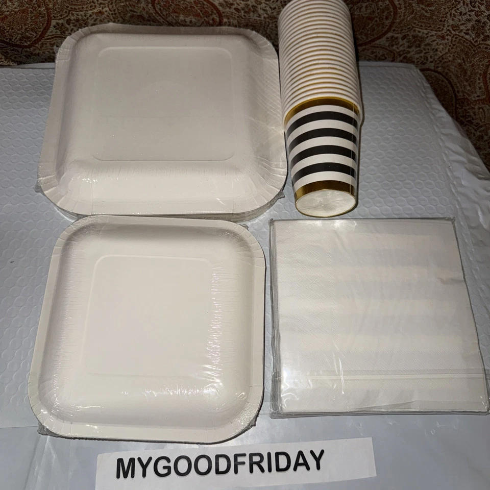 Paquete de 96 servilletas y suministros de fiesta a rayas doradas/negras/blancas para 24 invitados Foto 3 de 4