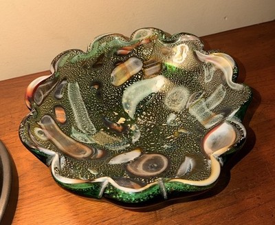 Murano Venetian AVeM Byzantine Confetti Bowl Emerald Gold Inclusions - Italy