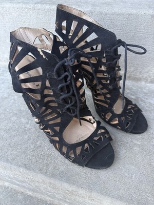 Black Strappy Stiletto Heels Cut-Out Lace-Up Open Toe Suede Women's Shoes Size 9
