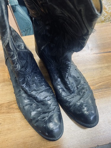 Vintage Larry Mahan Full Quill Ostrich Western Boot US 10EE Black Cowboy Boots - Picture 1 of 9