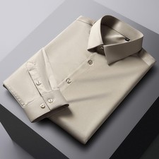 Men's Wrinkle Free Long Sleeve Button Up Strech Smooth Texture Solid Dress Shirt