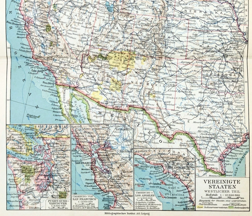 1930  WESTERN UNITED STATES Map ORIGINAL Brockhaus - Texas  California  Montana - Image 3 of 3