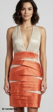 BEBE Womens Coral Orange Ribbon & Beige Lace Bodycon Deep V Neck Dress | Small
