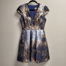 Vince Camuto Dress Womens 2 Brocade Metallic V Neck Pleated Pockets Cocktail Par