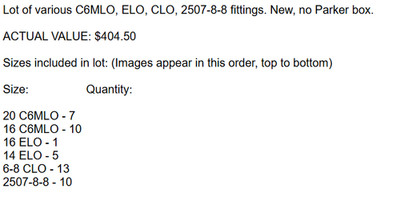 LOT of C6MLO, ELO, CLO, 2507-8-8 Fittings (Value Deal)