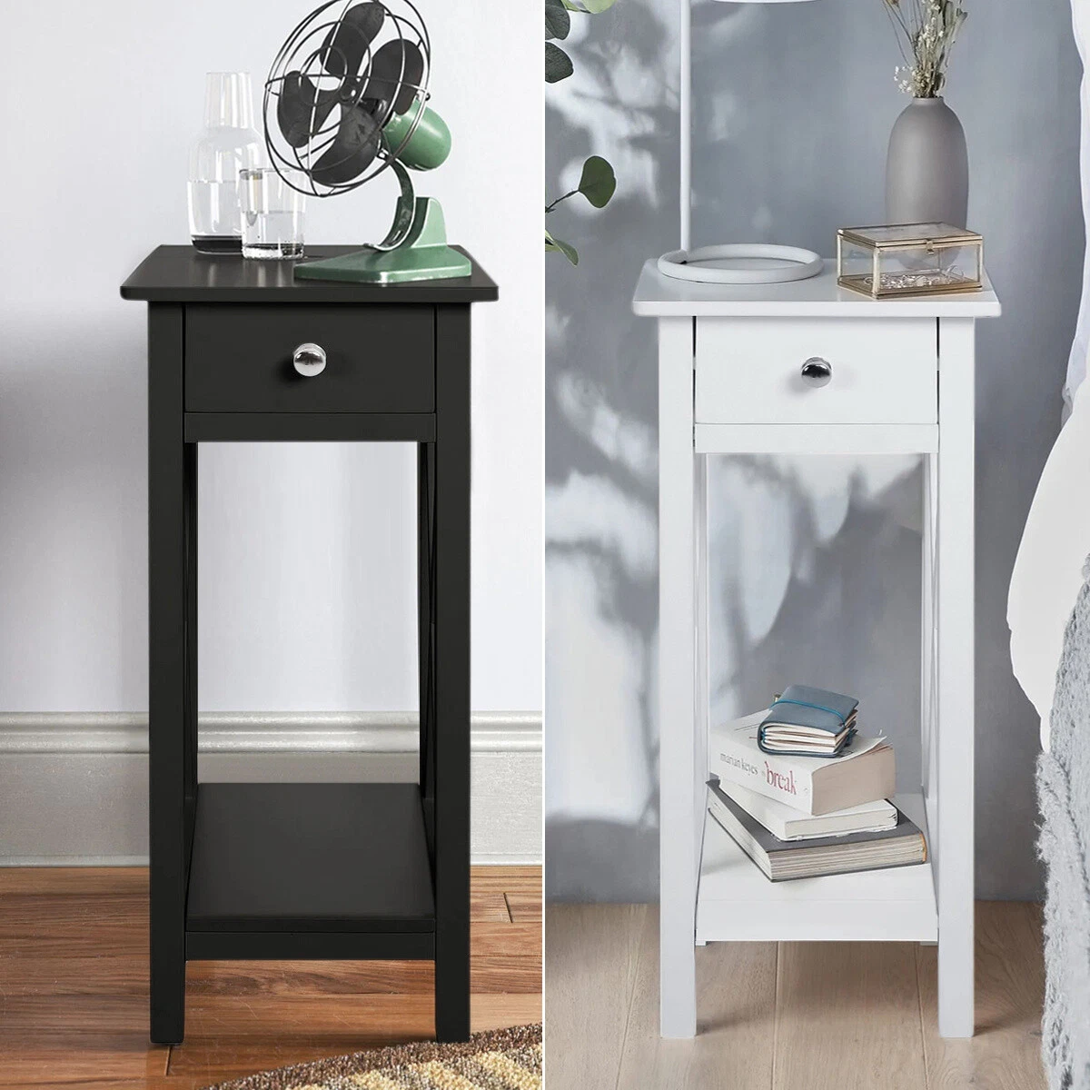 Square Silm Tall Bedside Table Storage End Table Drawer Cabinet Living Bedroom
