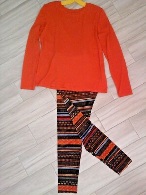 Mix & Match Orange Long Sleeve Tee/Multi-color Velour Legging Set     Size L/XL 