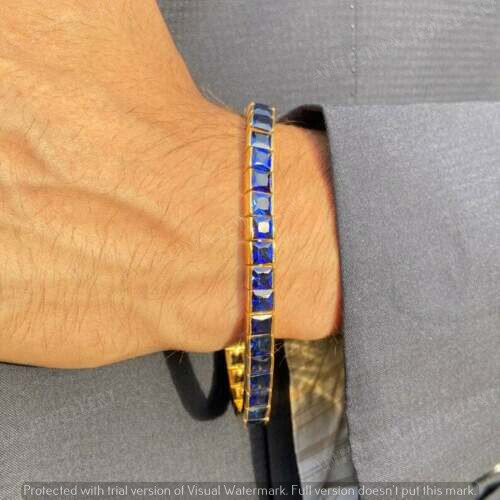 Pulsera de zafiro simulada corte princesa corte princesa de 10,34 quilates con acabado oro amarillo de 14 quilates para hombre - Imagen 3 de 6