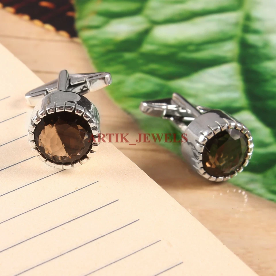 Natural Smoky Quartz Gemstone with 925 Sterling Silver Cufflink #4235 - Image 3 of 3