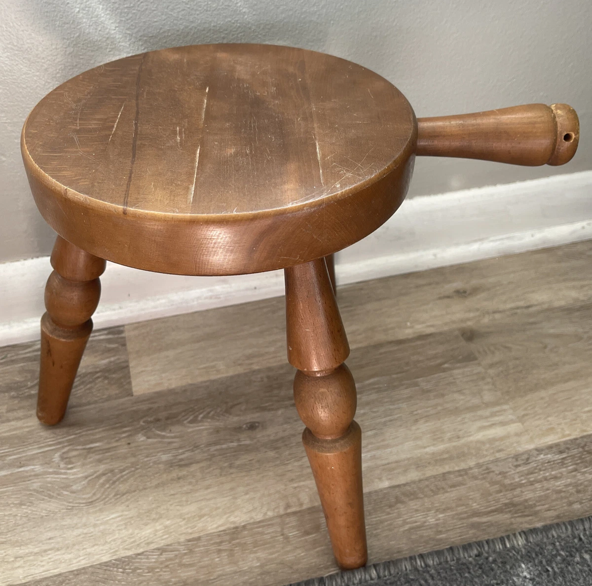 Wood Milking Stool Authentic Furniture Calif 3 Legged Handle Footstool Japan