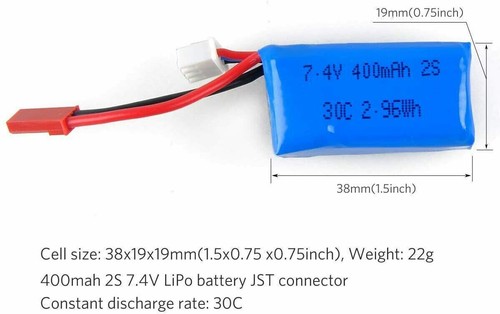 2 pcs for Micro FPV Drone Quadcopter 7.4V 400mAh 2S LiPo Battery Pack JST Plug - Picture 6 of 11