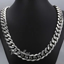 15mm Polished Curb Cuban Mens Chain Silver 316L STAINLESS STEEL Necklace Heavy