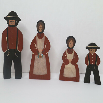 Amish Family Wooden Display Decor Family Wood Blocks Country Rustic Set of 4