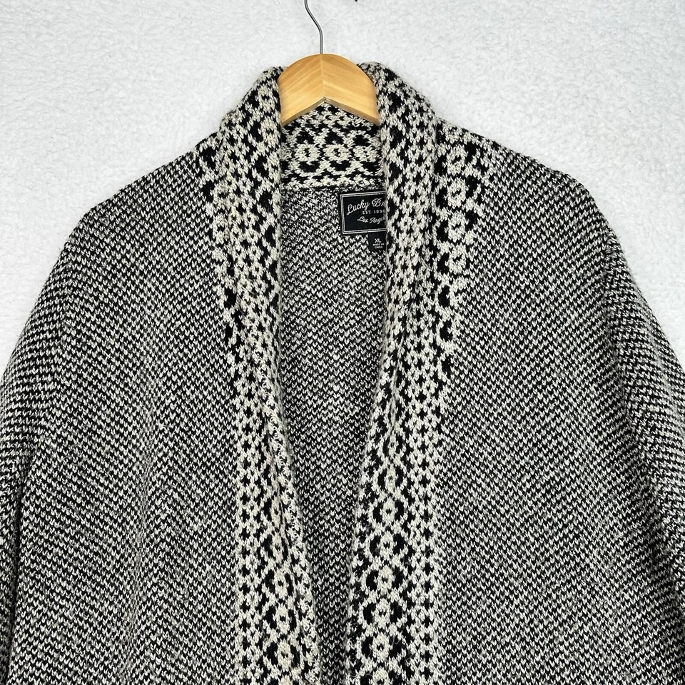 Lucky Brand Womens XL Open Front Cardigan Sweater Black White Print Shawl Collar - Image 3 of 4