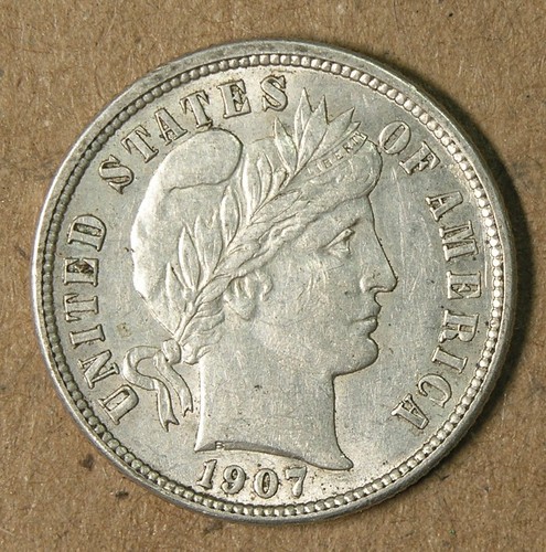 10C 1907-S Barber Dime AU San Francisco Mint * AvenueCoin