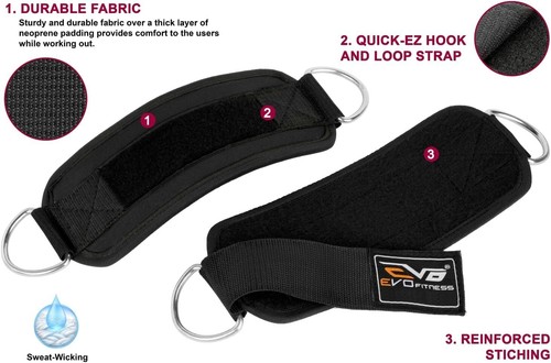 EVO D Ring Ankle Straps Pulley Cable Attachment Neoprene Cuffs Gym Weightlifting - Picture 8 of 26