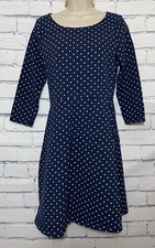 Old Navy Womens Medium Dress Navy Blue White Polka Dot 3/4 Sleeve A Line Stretch