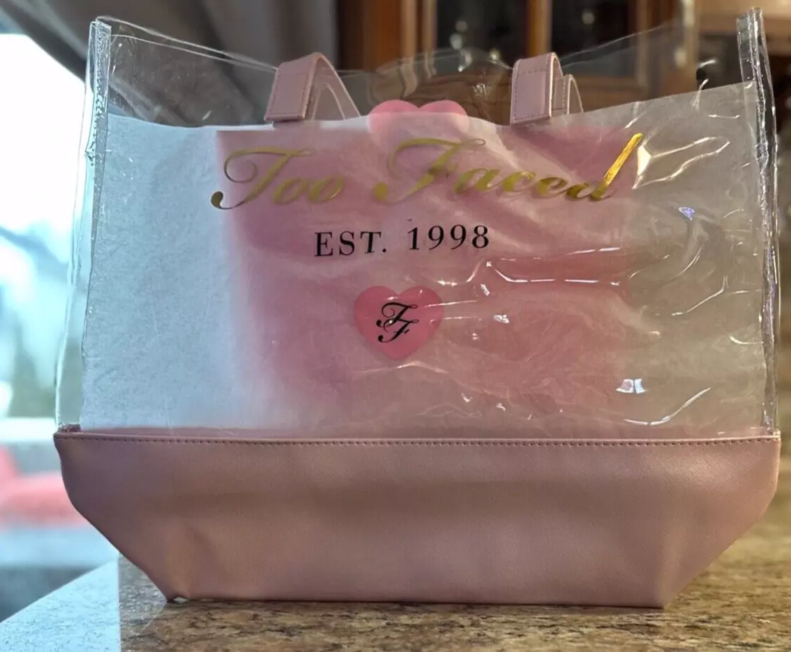 TOO FACED Large Pink Blush Clear Vinyl Transparent Tote Bag Hangbag Purse  New