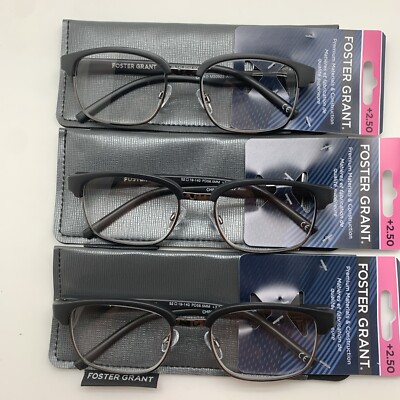 ''3 PAIR'' R185 Foster Grant ALDEN BLACK +2.50  Reading Glasses Readers PREMIUM